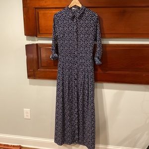 Frnch Navy Blue Dress with Bird Pattern, long dress